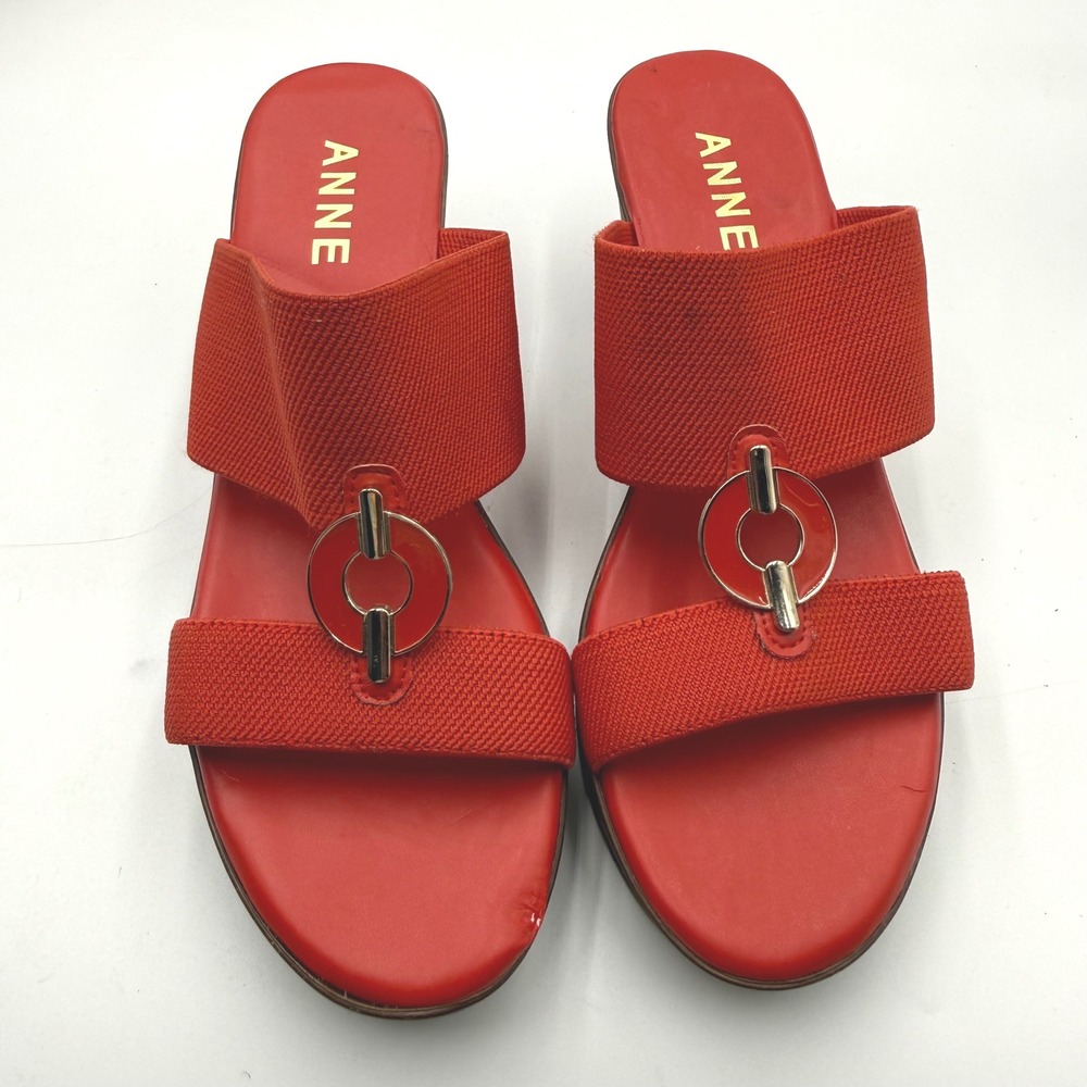 Anne Klein Akhadya Red Fabric Wedge Sandals Gold Hardware Slide Womens 6